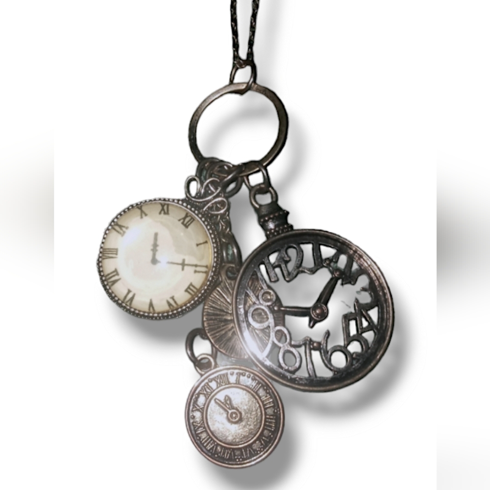 Long Clock Time Charms Pewter Colored Steampunk Boho Necklace - Picture 1 of 7